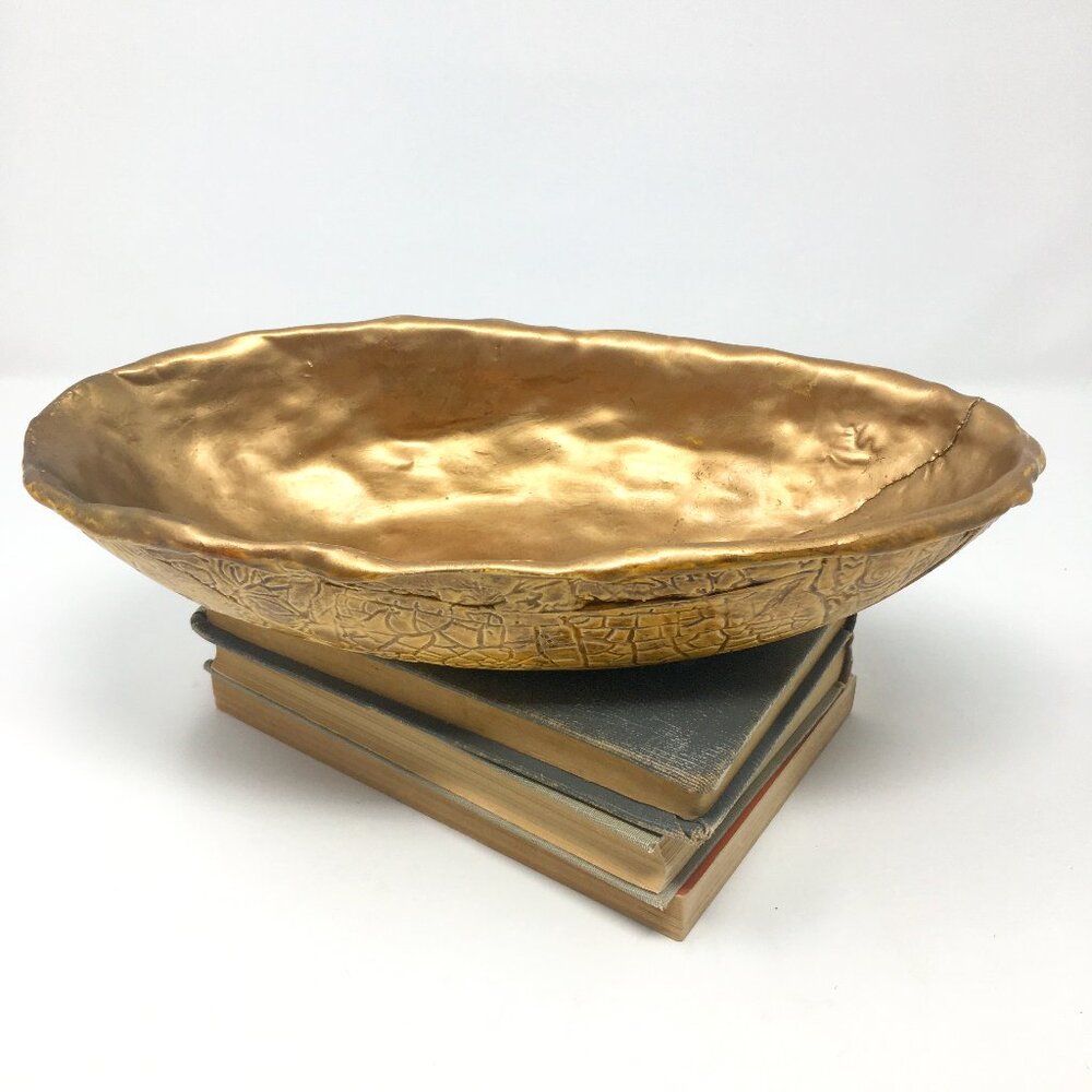 Handmade Ceramic Oval Gold Enamel Mustard Glazed Stamped Hieroglyphics Bowl